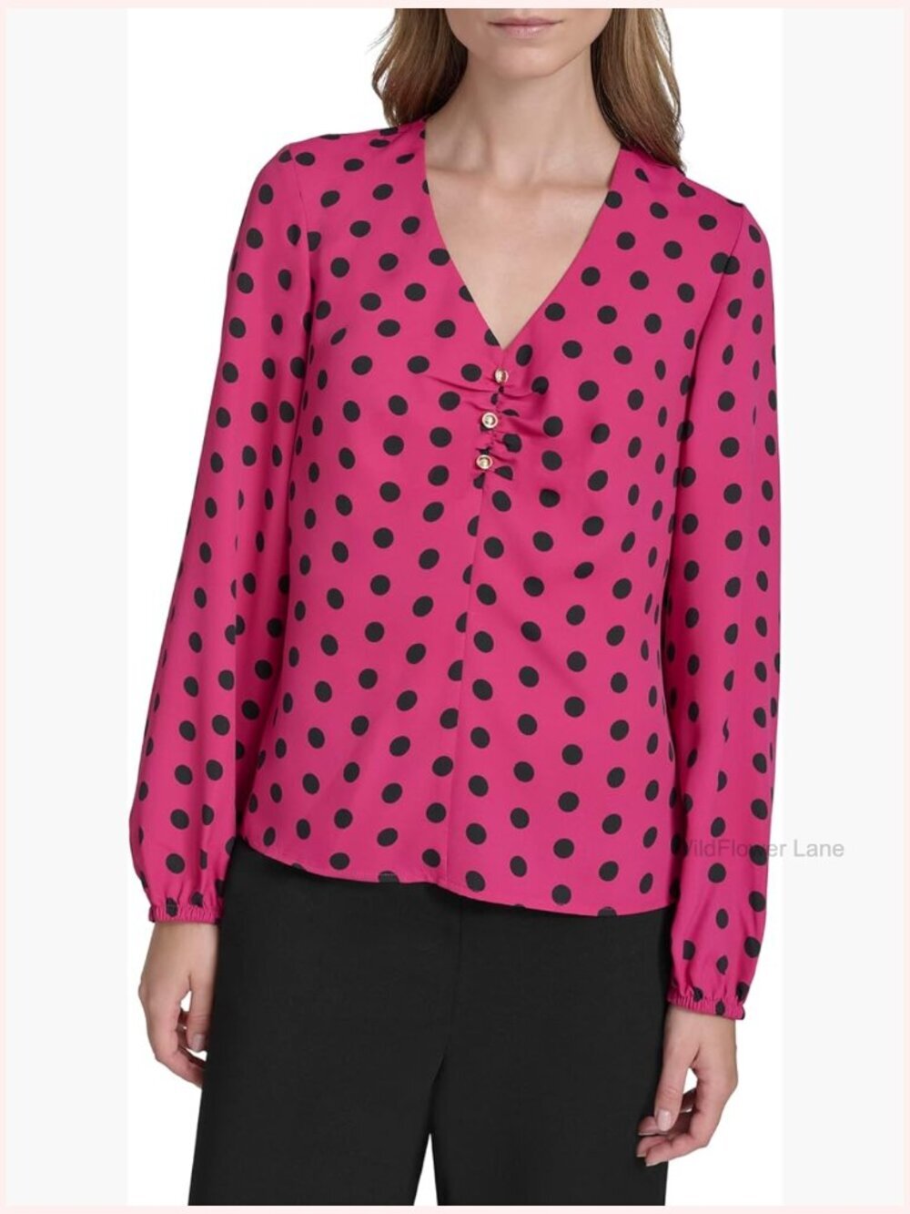 Polka Dot Front Rouched Long Sleeve Blouse V-Neck